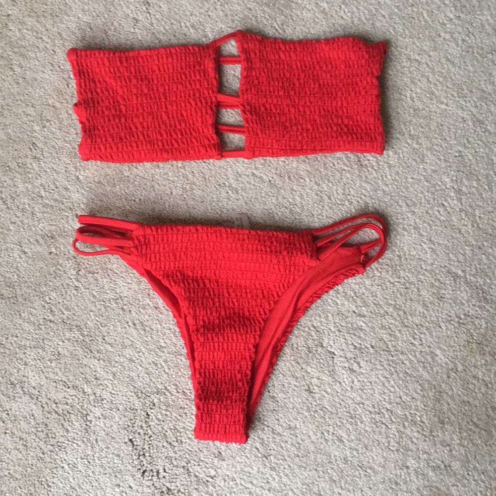Red bandeau swimsuit